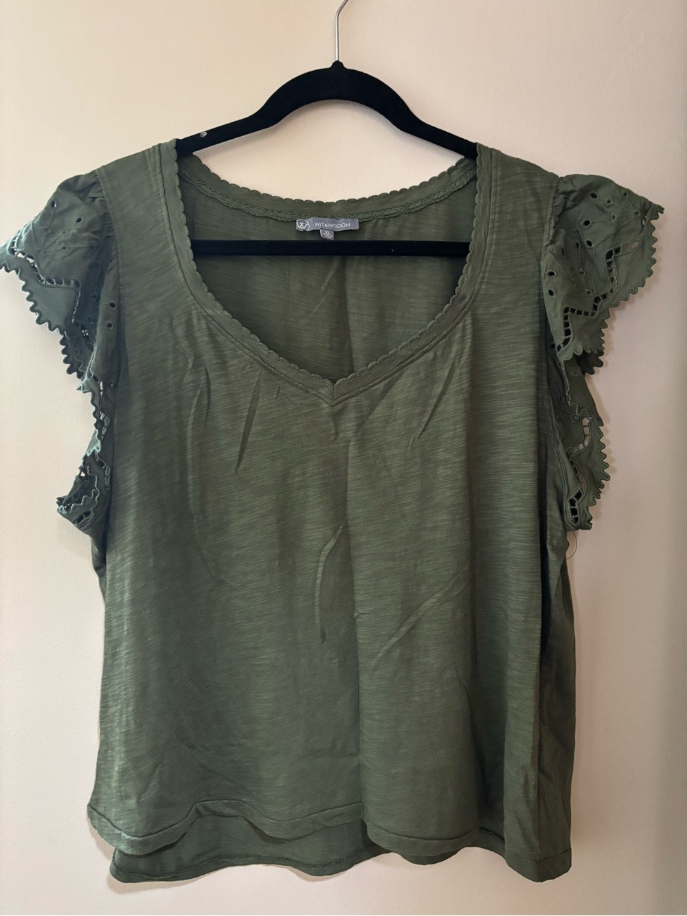 Wit & Wisdom Olive Green Eyelet Flutter Sleeve Top